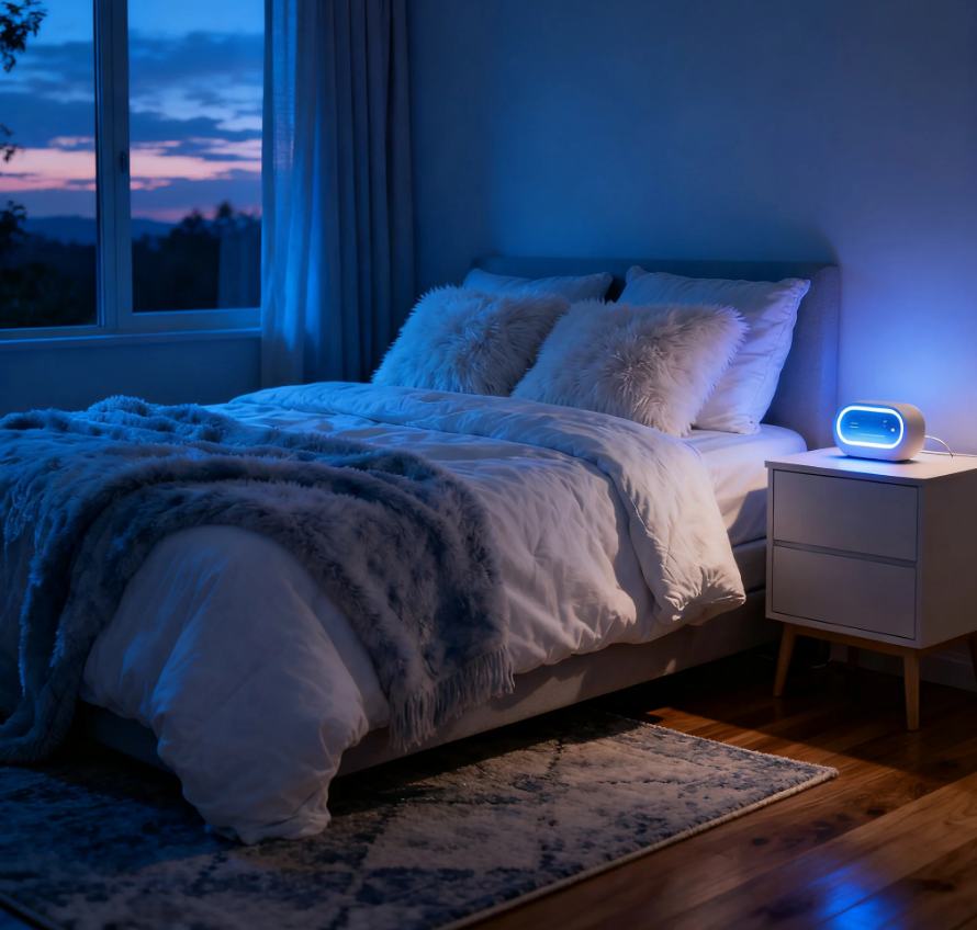 Minimal modern workspace with smart light and laptop