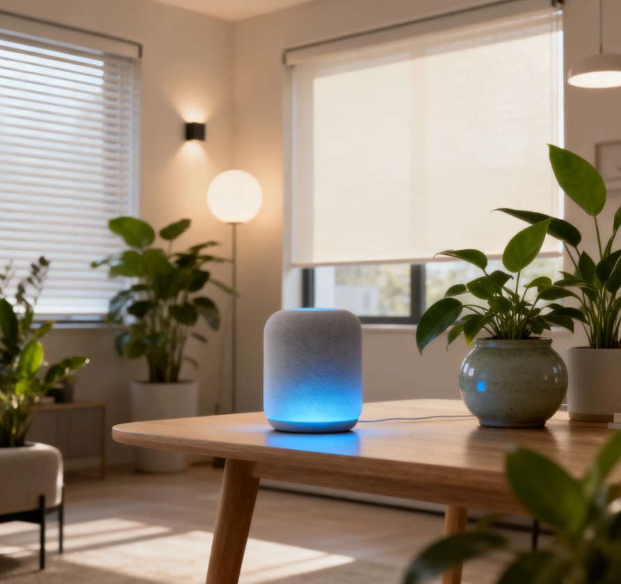 Minimal modern workspace with smart light and laptop