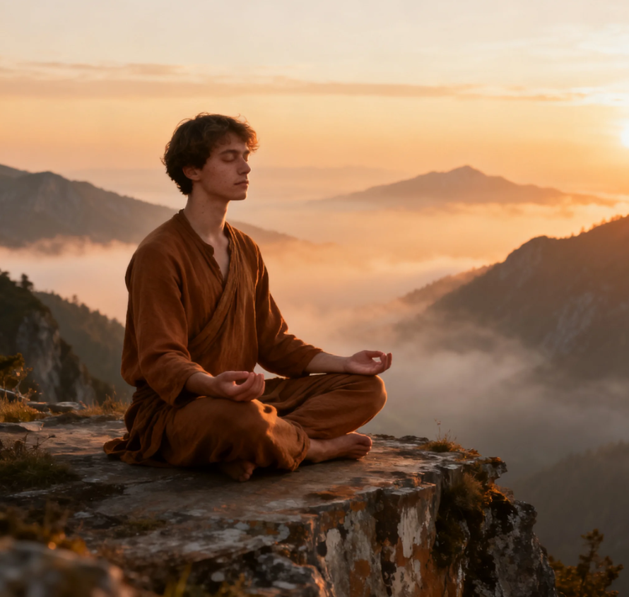 A serene person meditating on a sunrise mountain, symbolizing inner resilience and calm